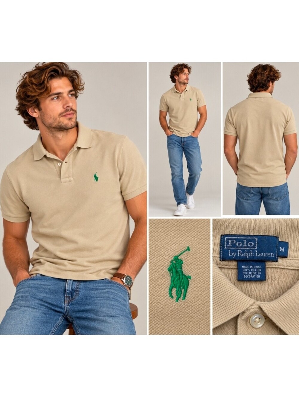 Polo Ralph Lauren Men’s M Tan Beige Polo Shirt Green Pony Blue Label Cotton